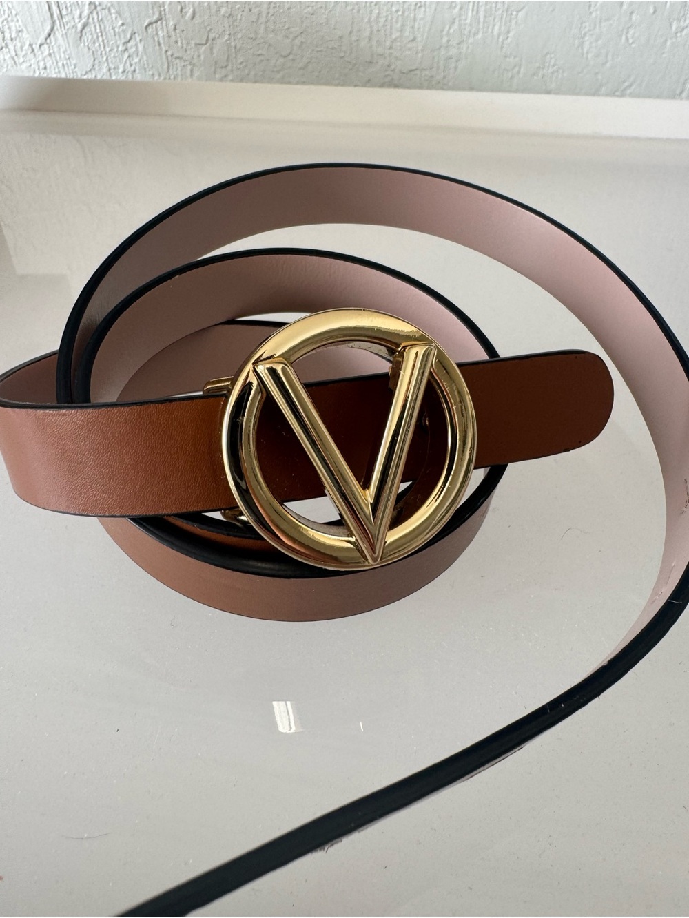 Pre- owned Valentino Brown Leather Belt with Gold V Logo Buckle